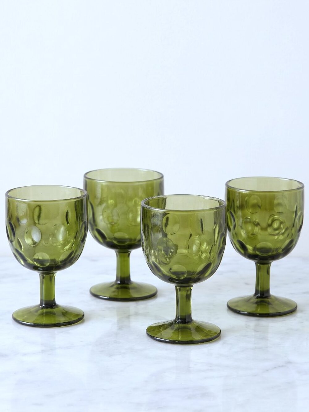 VTG Bartlett Collin 1970 Avocado Green Thumbprint Goblets –Coin Dot Glasse 6.25"